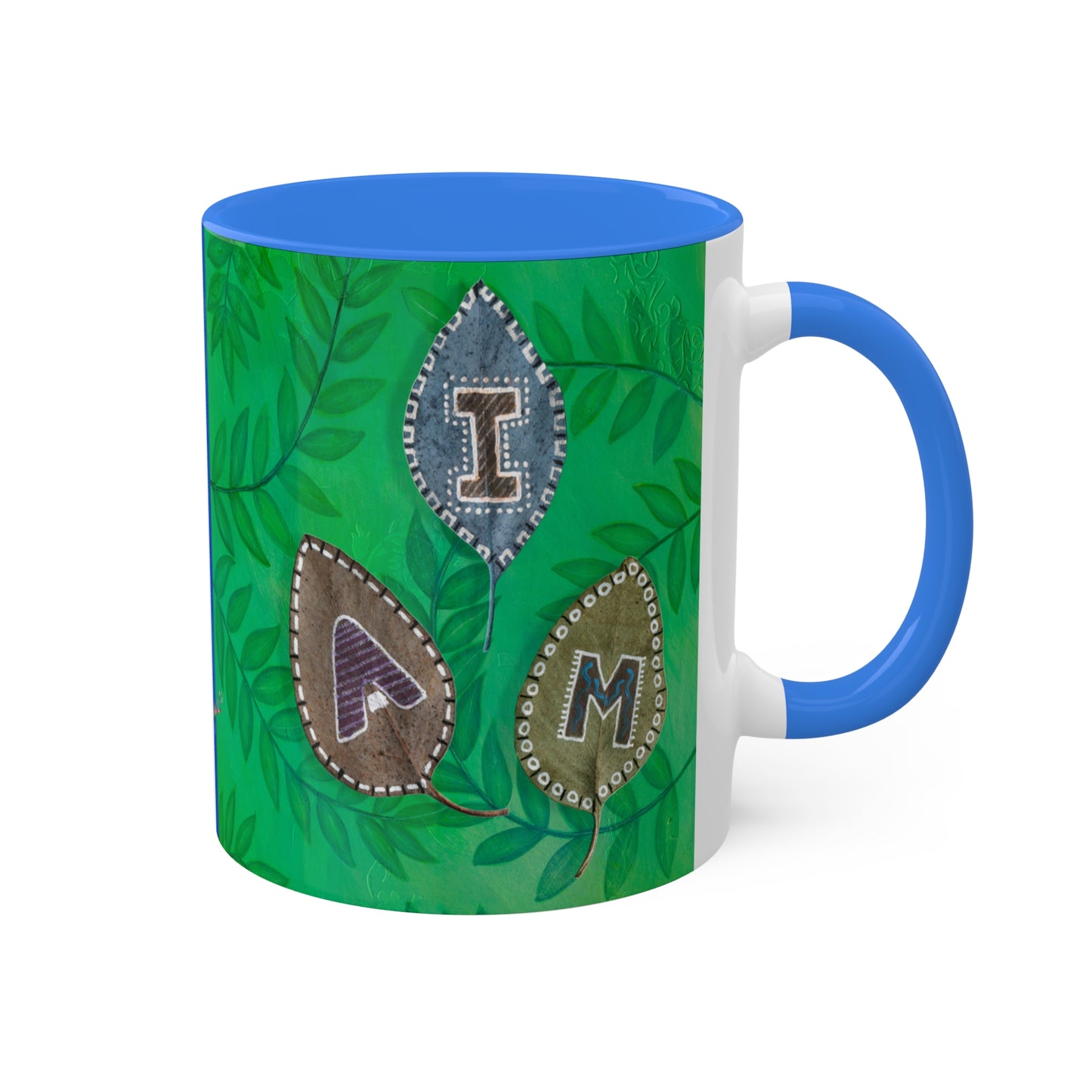 I AM Collection with painted Alphabet leaves - in 5 Color options Black, Cambridge Blue, Yellow, Light Green and Maroon Mugs, 11oz By Artist Marie Frederique