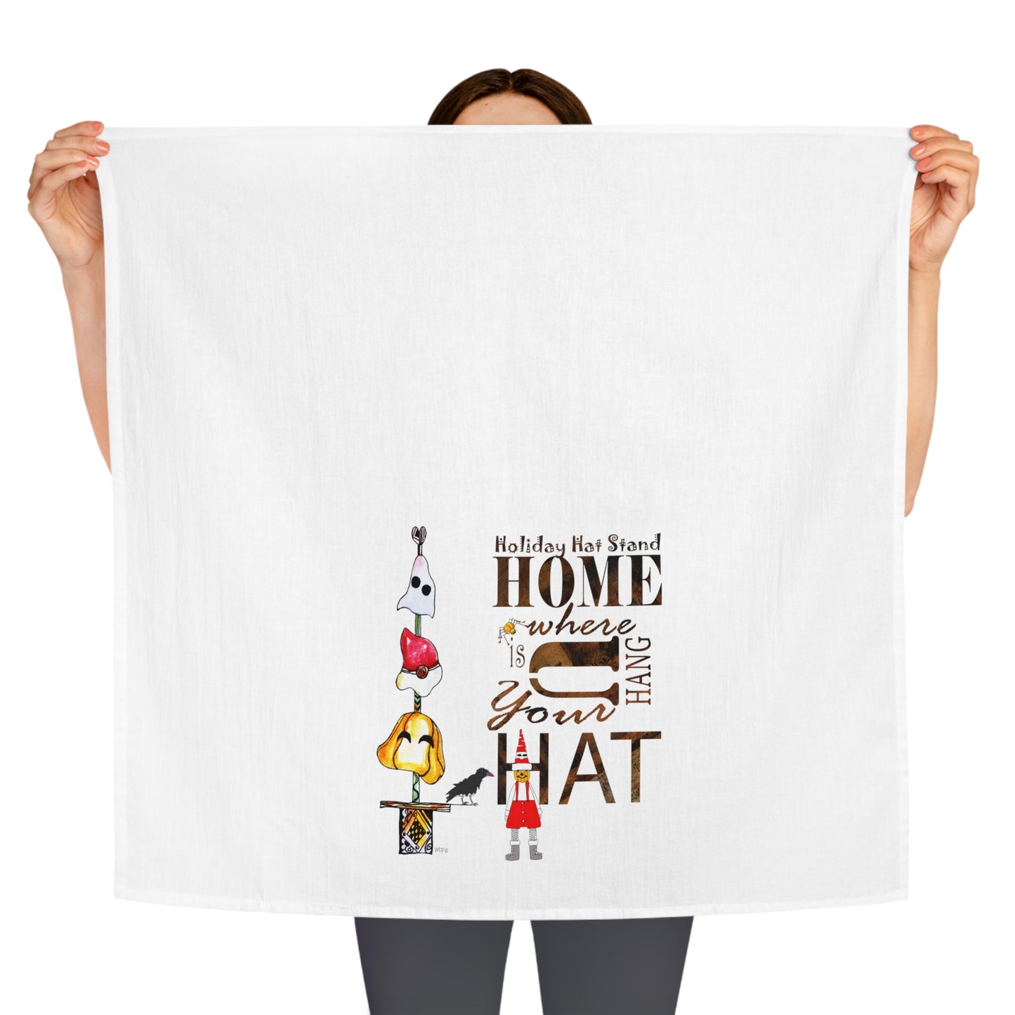 Tea Towel/Kitchen towel, Holiday Hat Stand 'Home is where you hang your hat' Tea Towel by artist Marie Frederique