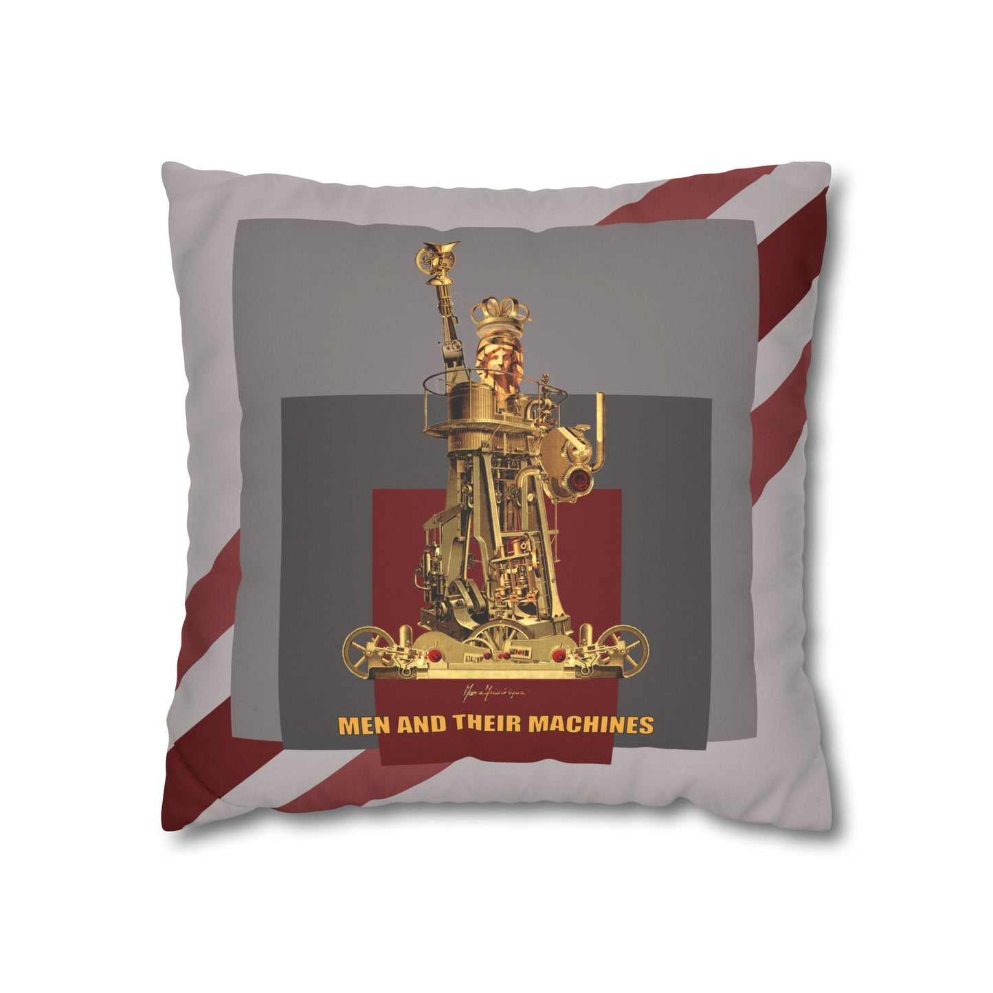 Vintage Steam Engine Liberty Pillowcase — "Men and Their Machines" Faux Suede Throw Pillow by artist Marie Frederique
