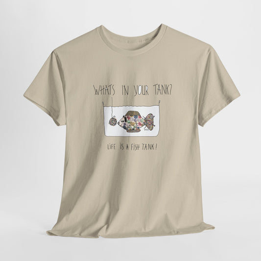 Life is a Fish Tank Collection, "What's in your tank?  Sheep Fish with a dangling ball of wool in front of it. Unisex Heavy Cotton Tee by artist Marie Frederique