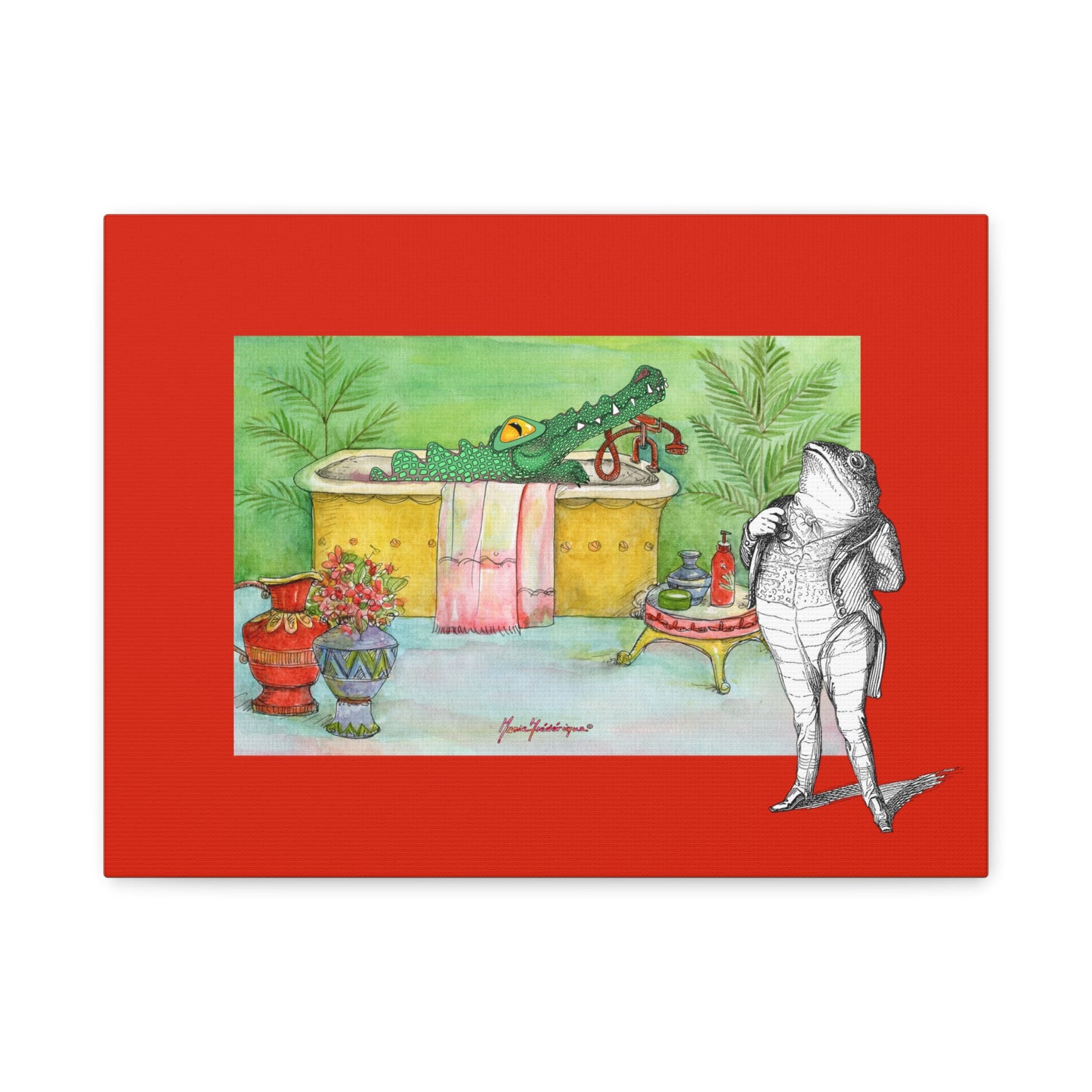 Funny Alligator Bath Canvas Wall Art — Whimsical Animal Bathroom Decor by artist Marie Frederique