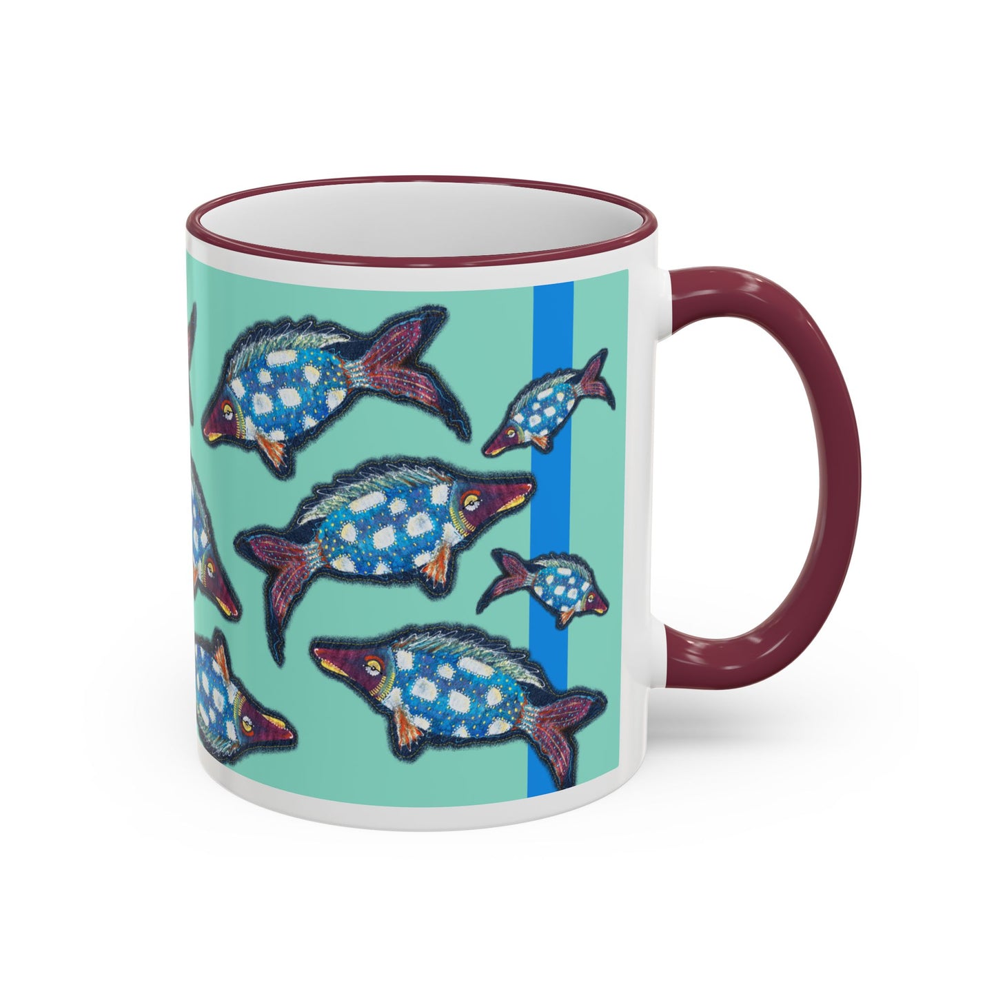 Blue Flying Fish Accent Rim Mug — Nautical Ceramic Coffee Cup (11oz/15oz) by artist Marie Frederique