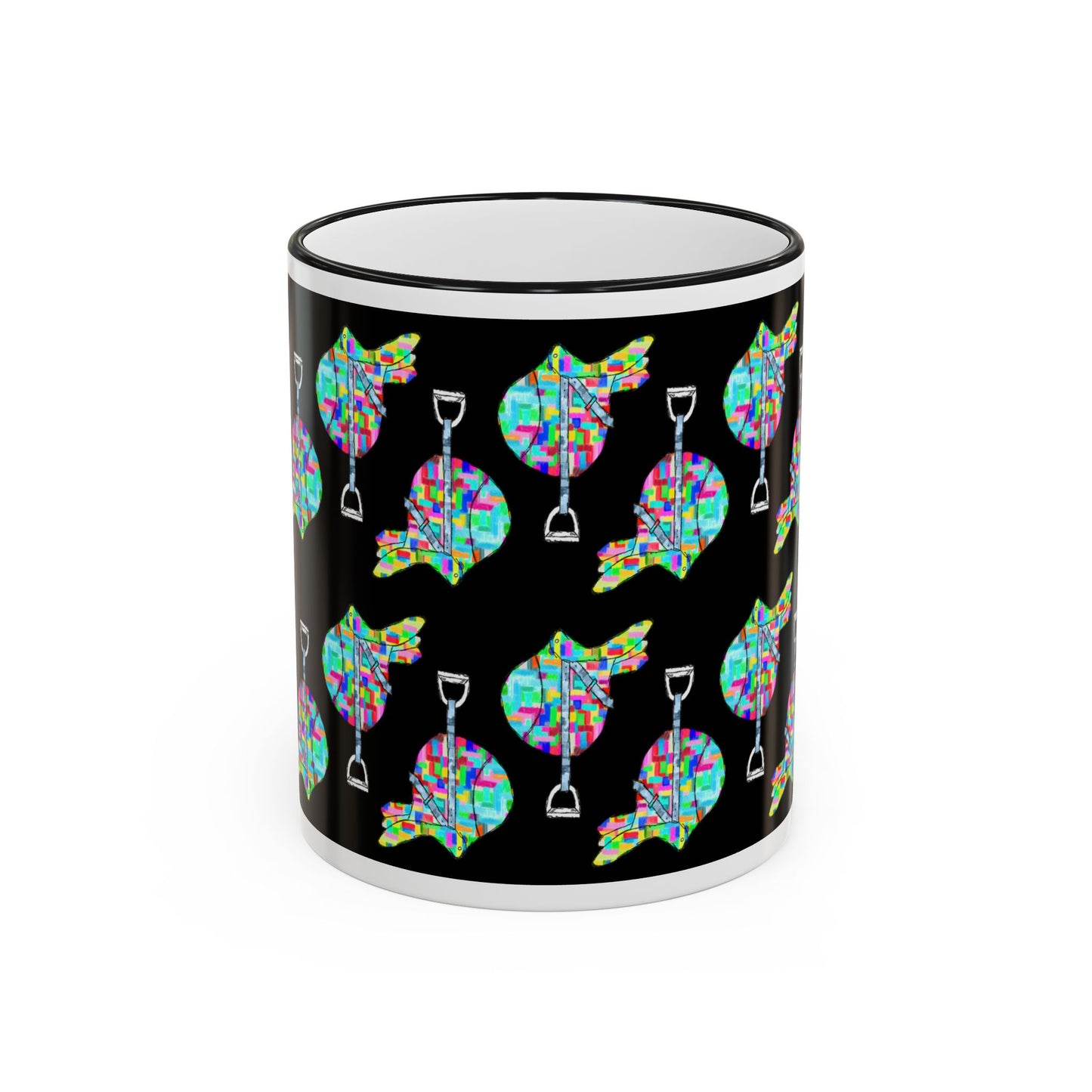 Saddle Patchwork Accent Rim Mug – Equestrian Colorful Mosaic Pattern (11oz, 15oz) by artist Marie Frederique