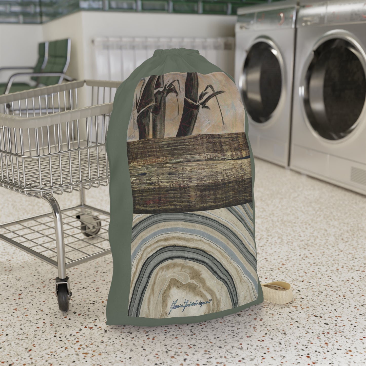 Elegant Designer Laundry Bag - Rustic Bamboo & Agate Print Drawstring Hamper by artist Marie Frederique