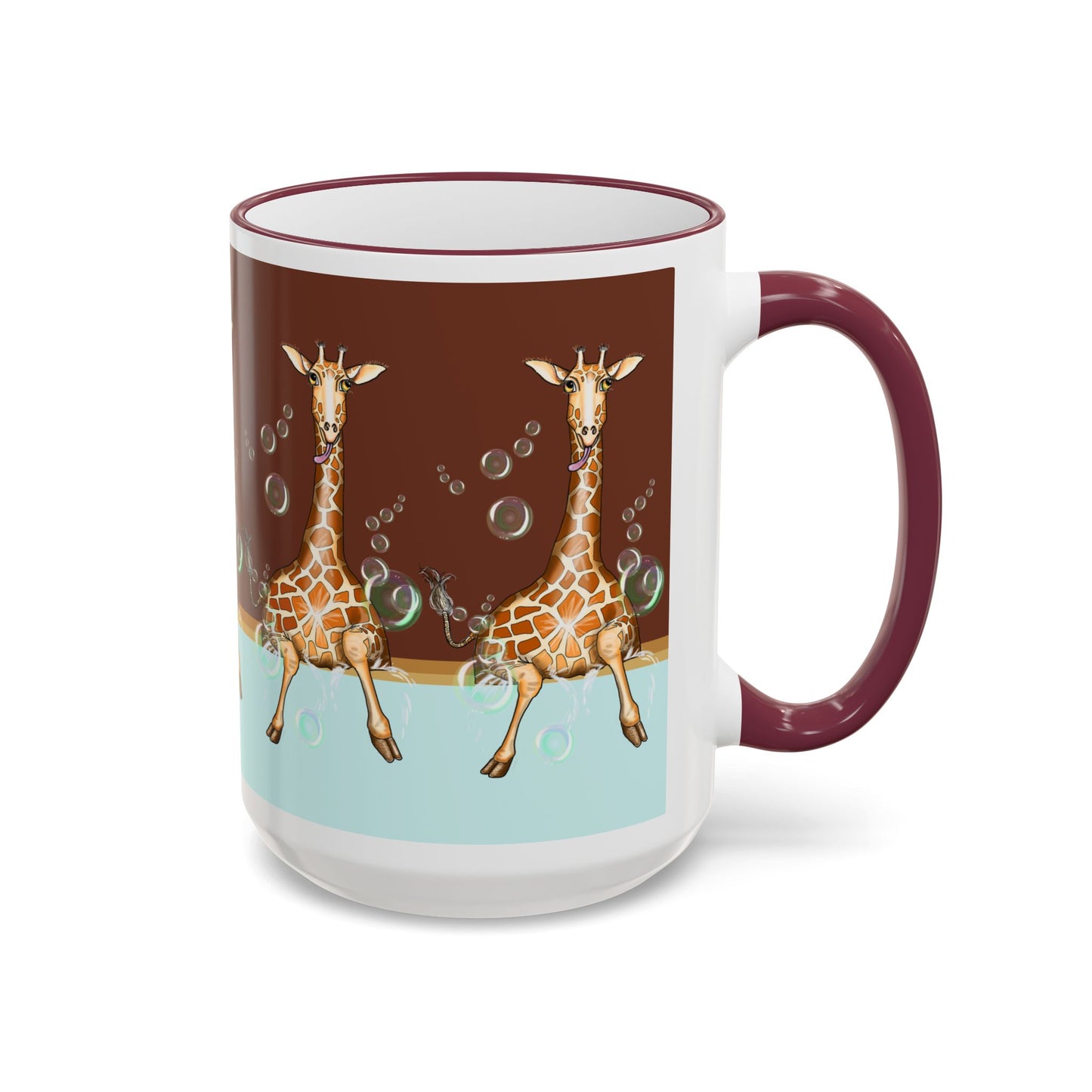 Giraffe Bubbles Accent Rim Mug — Cute Safari Animal Coffee Cup (11oz/15oz) by artist Marie Frederique