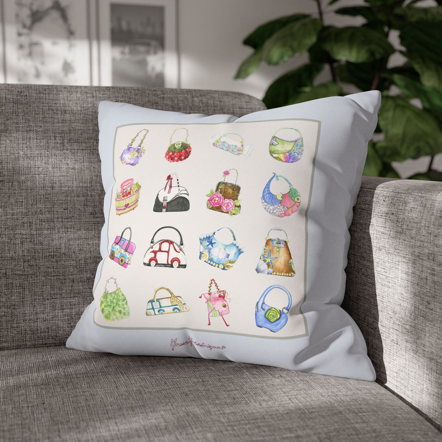 Handbag Illustration Faux Suede Pillowcase — Decorative Square Throw Pillow by artist Marie Frederique