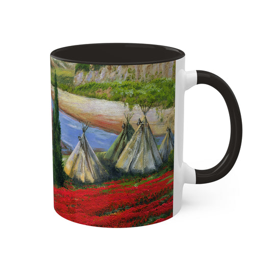 Indian Summer teepees and Poppies with a backdrop of canyons in 4 colors, red, black, yellow and light green - Colorful Mug, 11oz By Artist Marie Frederique