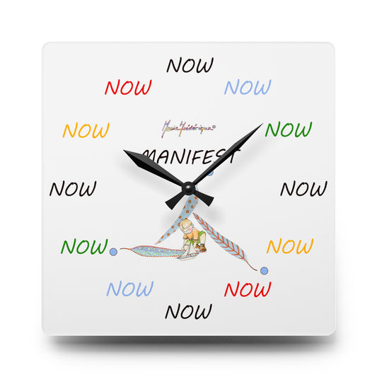 NOW - It is only ever Now! Multi Color on white Acrylic Wall Clock by Artist Marie Frederique