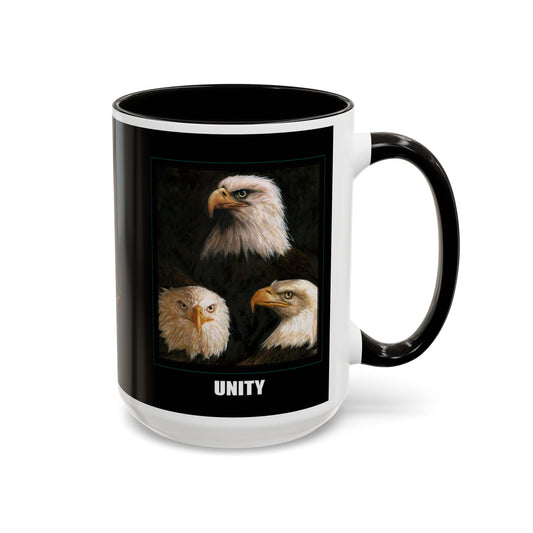 Bald Eagle Heads, Unity, America & Pride - Colorful Mug by artist Marie Frederique