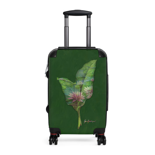 Pink Lotus flower Suitcase in green size small By Artist Marie Frederique