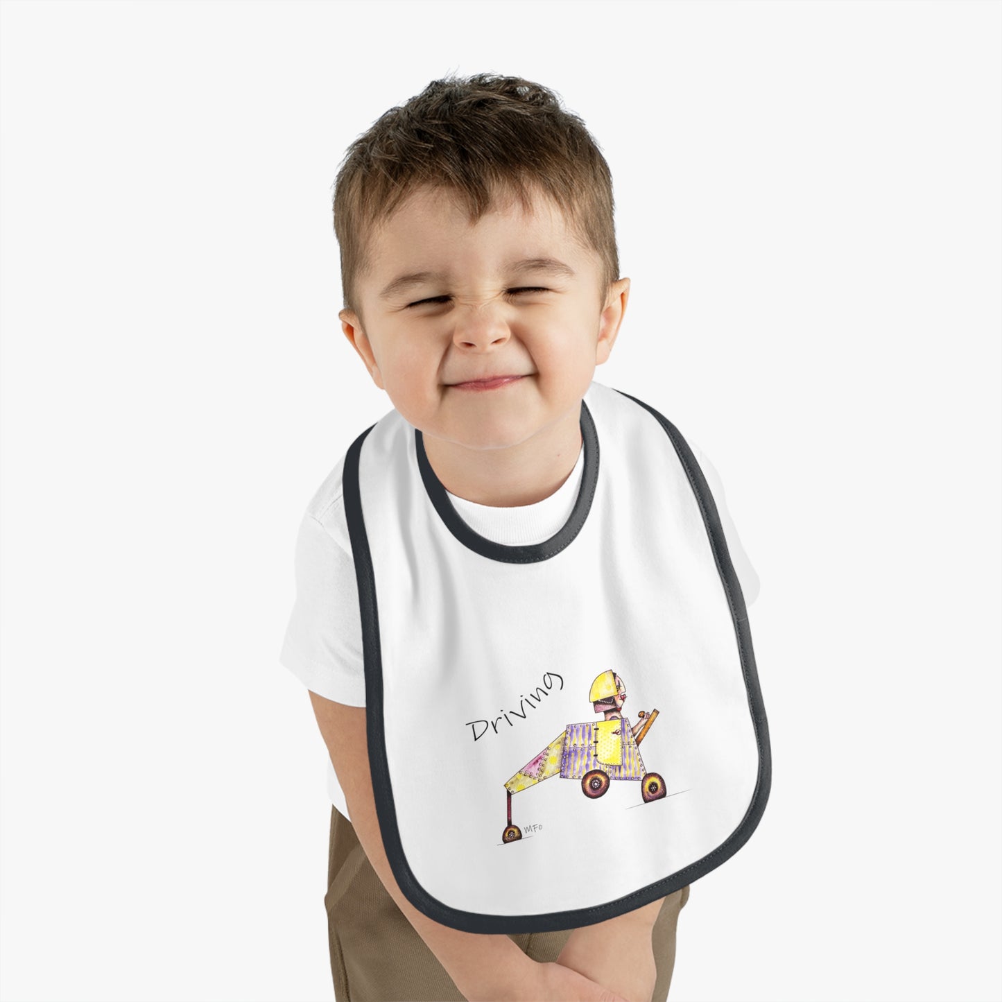 Driving - Super Cute Whimsical Designer Baby Contrast Trim Jersey Bib by artist Marie Frederique