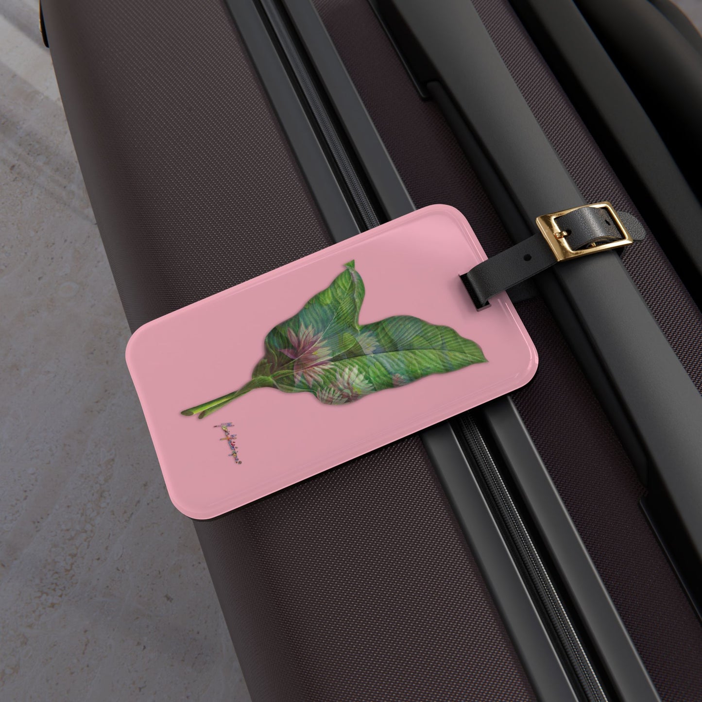 Luggage Tag with leather strap, Pink Lotus flower on a pink background by artist Marie Frederique