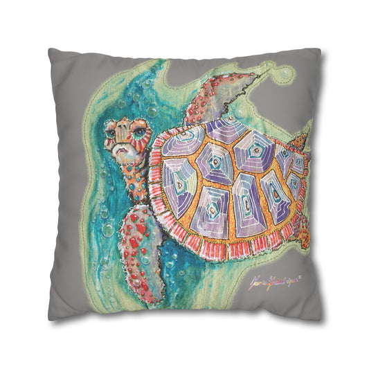 Sea Turtle Faux Suede Pillowcase — Colorful Coastal Throw Pillow Cover by artist Marie Frederique