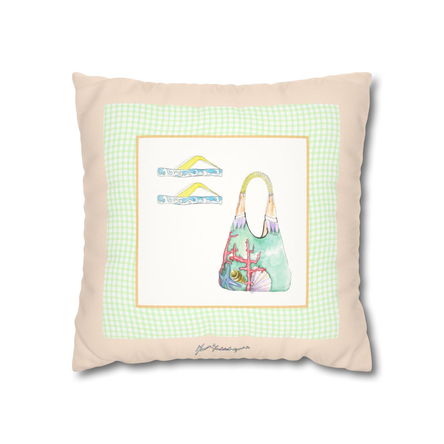 Coastal Vacation Tote and flip flop, Pattern Faux Suede Square Pillowcase by artist Marie Frederique