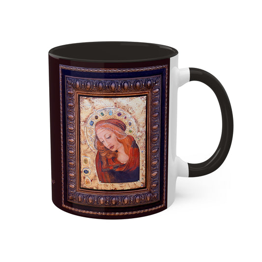 Madonna Icon - Colorful Mug in 4 color variations, Maroon, Black, Golden Yellow and Blue 11oz By Artist Marie Frederique