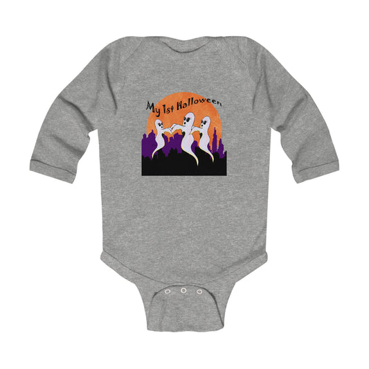 Halloween - My 1st Halloween, Infant Long Sleeve Bodysuit in Grey or White by artist Marie Frederique