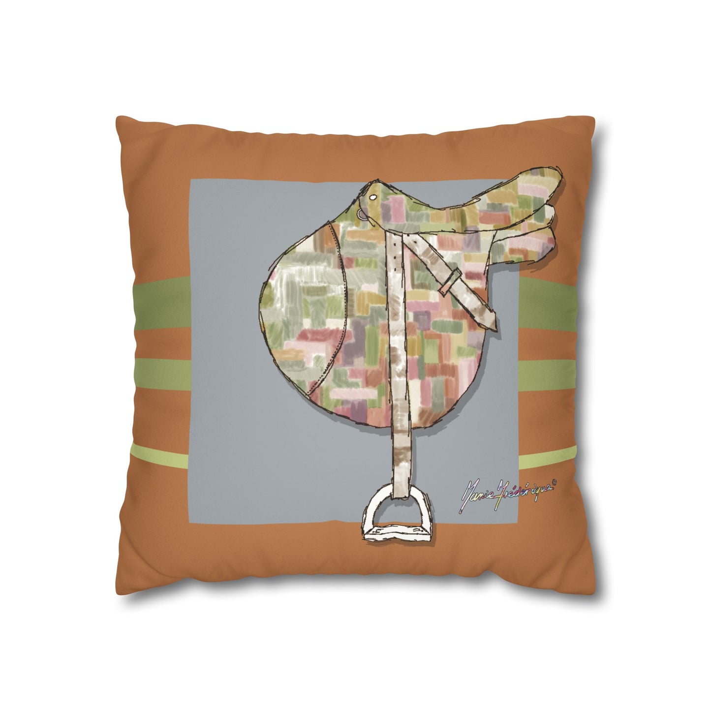 Equestrian Patchwork Saddle Faux Suede Throw Pillow cover by artist Marie Frederique