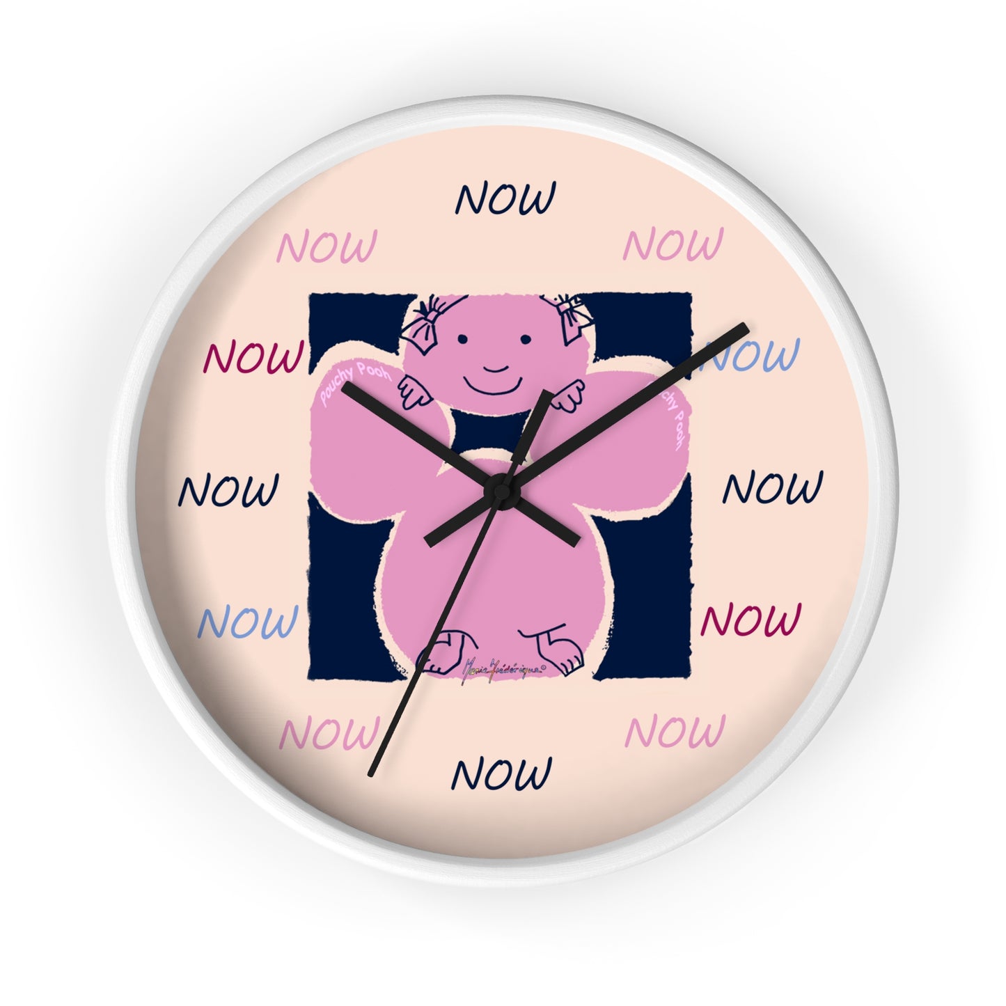 NOW - Wall Clock Pouchy Pooh (Pronounced Puchi Poo) in pink and navy by Artist Maria Frederique