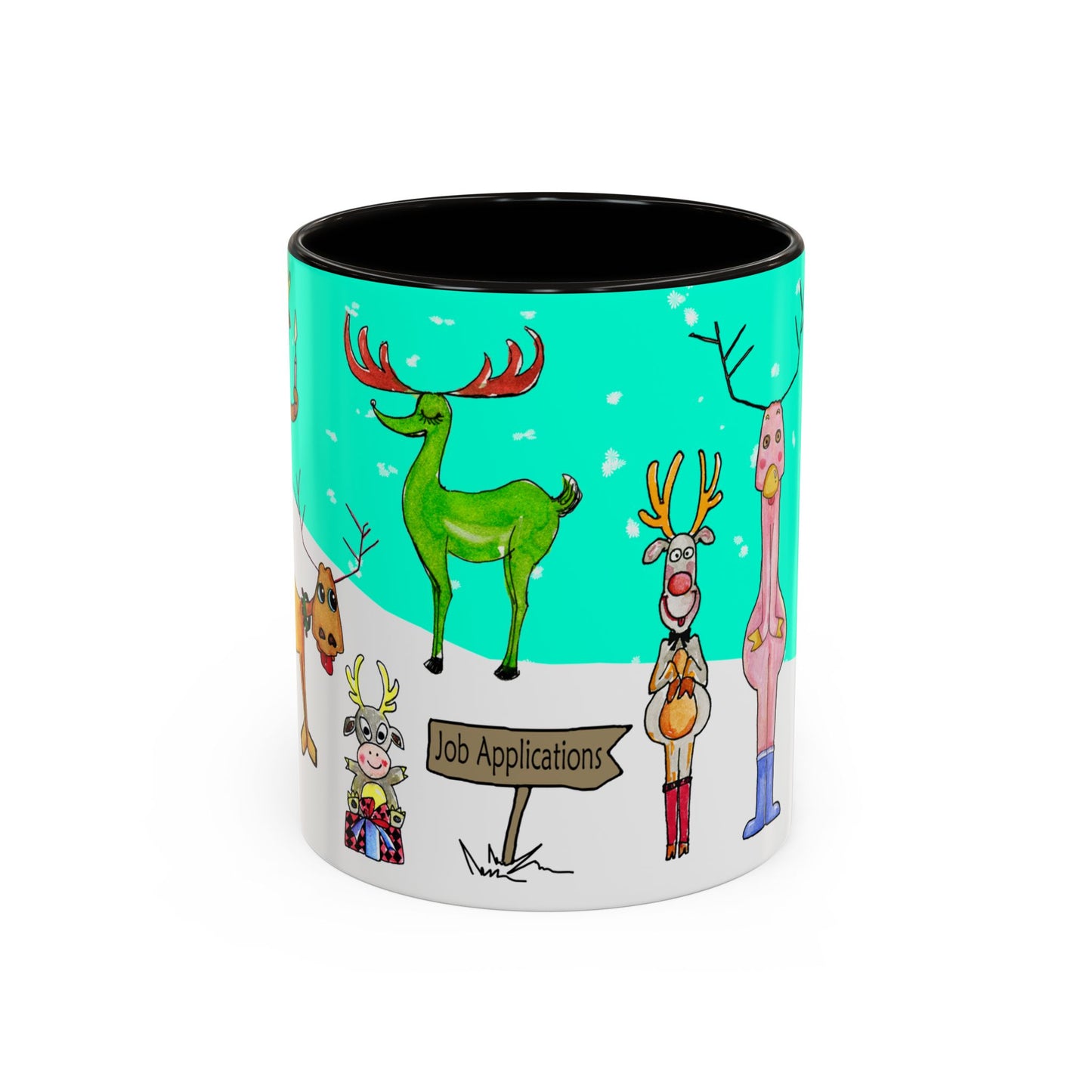 Santa's Job application line up, Christmas Mug, by artist Marie Frederique