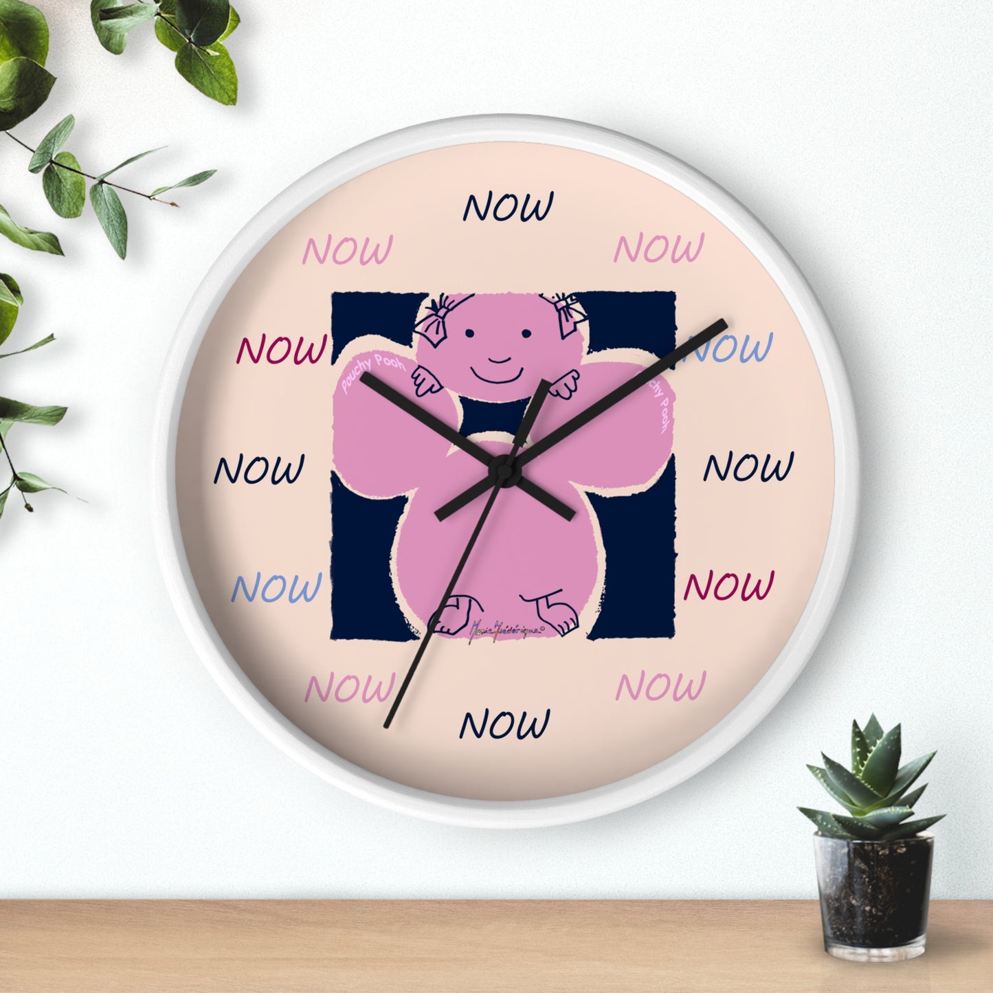 NOW - Wall Clock Pouchy Pooh (Pronounced Puchi Poo) in pink and navy by Artist Maria Frederique