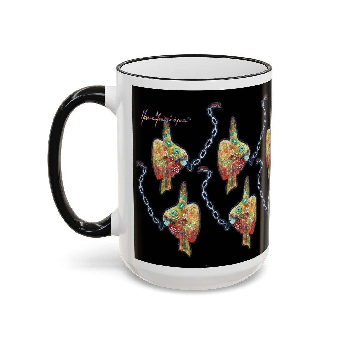 Colorful Steampunk Sunfish Mug — Accent Rim & Handle Coffee Cup by artist Marie Frederique