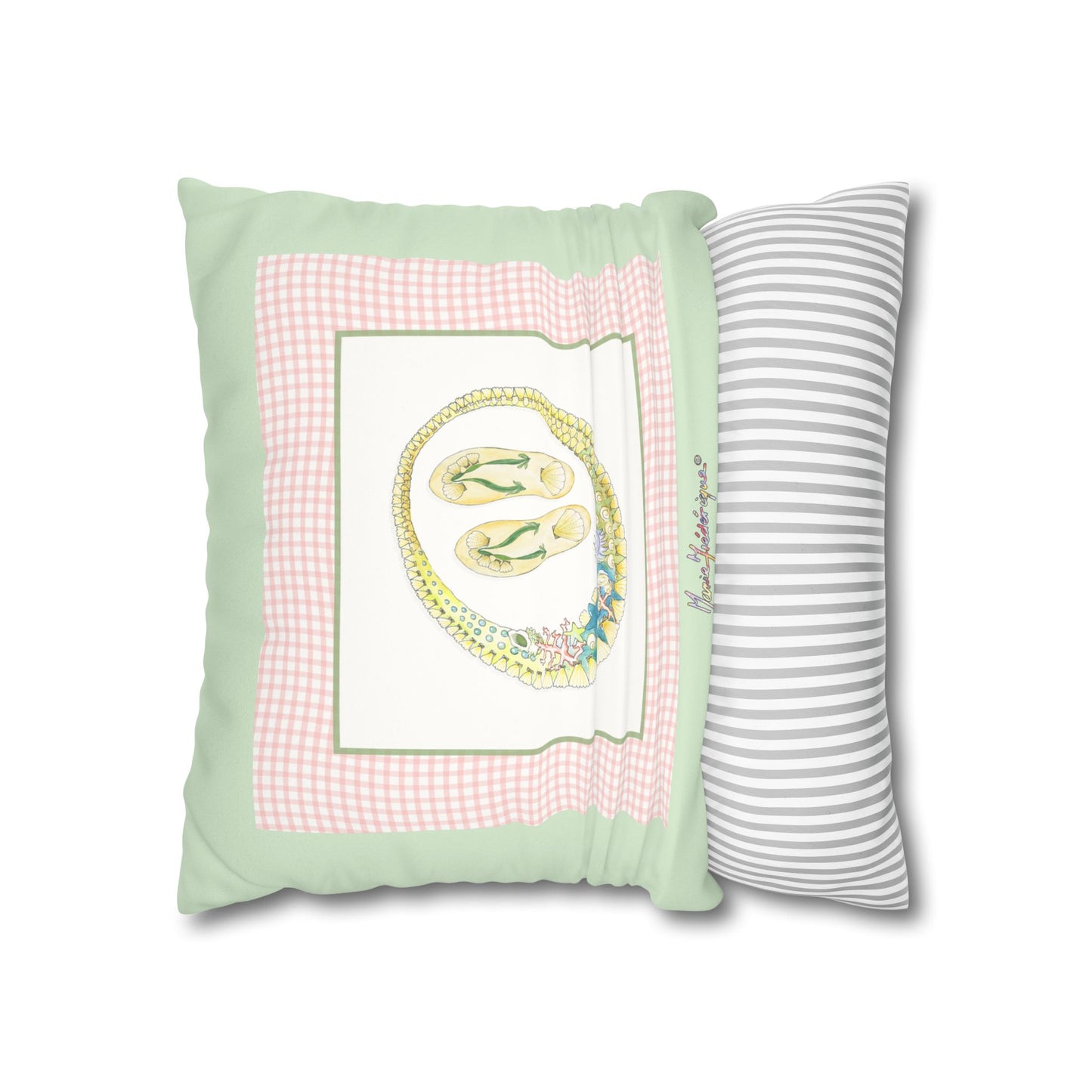 Pastel Vacation necklace and flip flops Faux Suede Pillow Cover by artist Marie Frederique