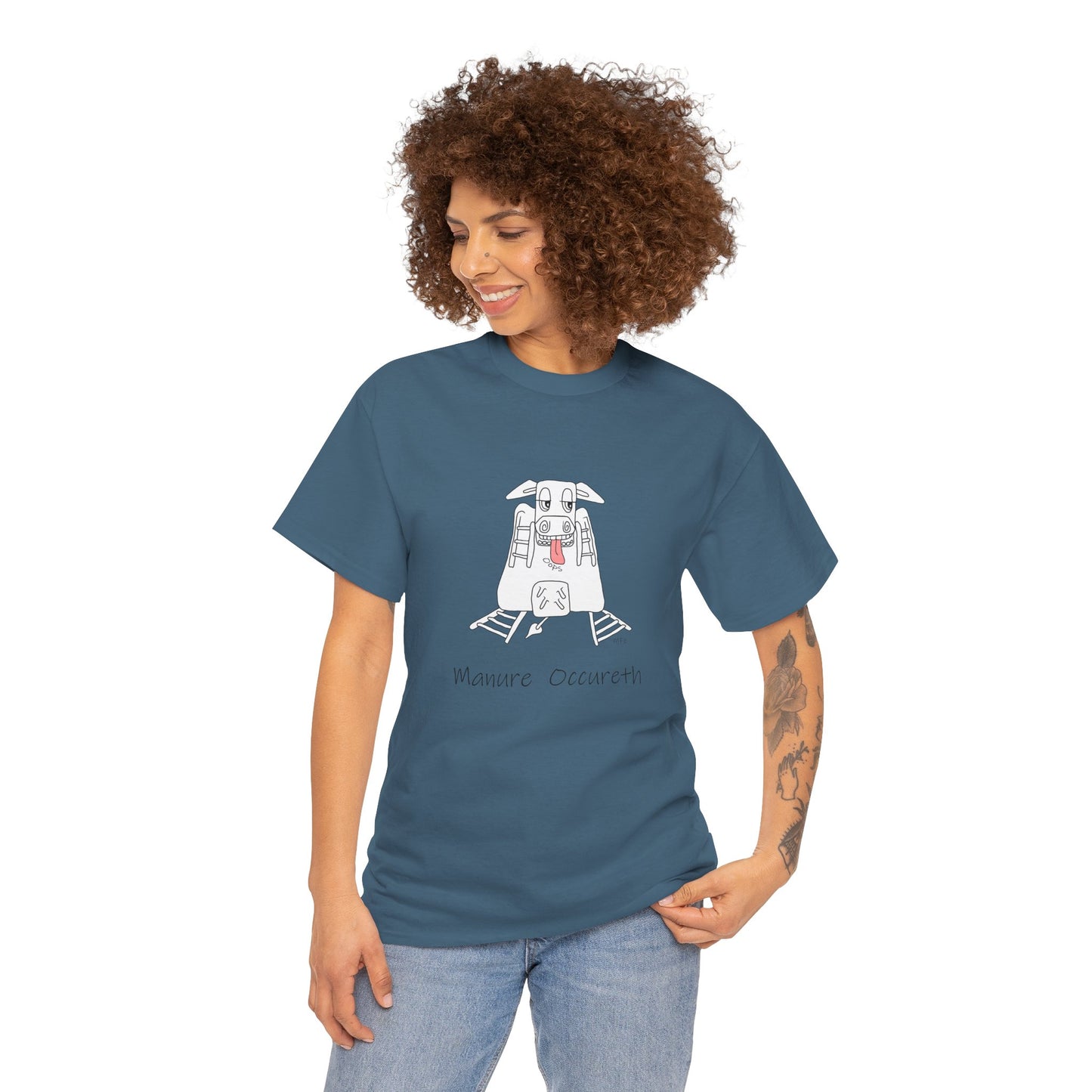 Quirky 'Manure Occureth' Heavy cotton Tee Design by artist Marie Frederique