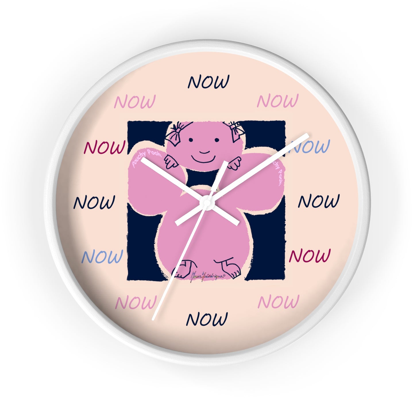 NOW - Wall Clock Pouchy Pooh (Pronounced Puchi Poo) in pink and navy by Artist Maria Frederique