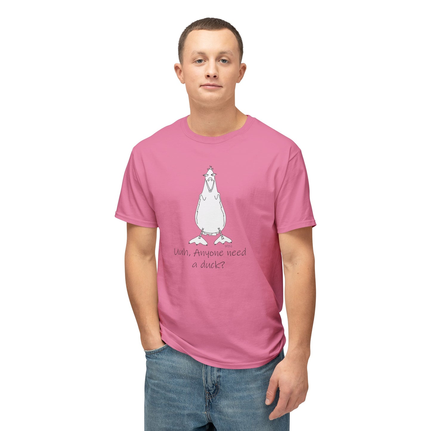 Duck Lovers "Uuh, Anyone need a duck?" - Unisex HD Cotton™ T-shirt by artist Marie Frederique