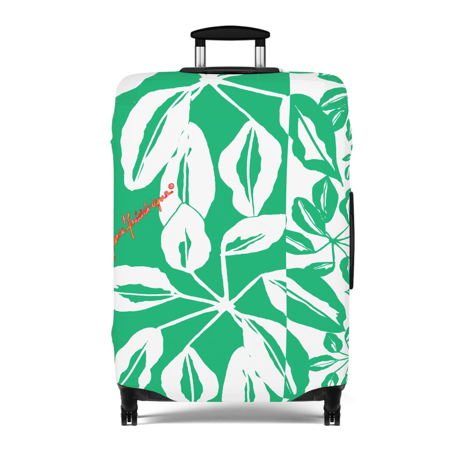 Luggage Cover, Tropical leaves in Green and White by artist Marie Frederique