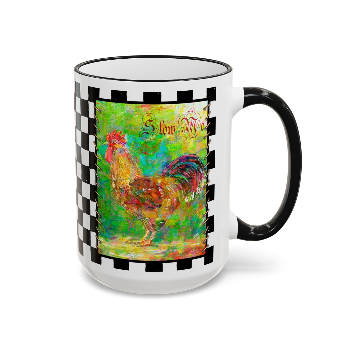 Checkerboard, Slo Mo & Sylvester Rooster Accent Rim Mug — Colorful Farmhouse Coffee Cup (11oz & 15oz) by artist Marie Frederique
