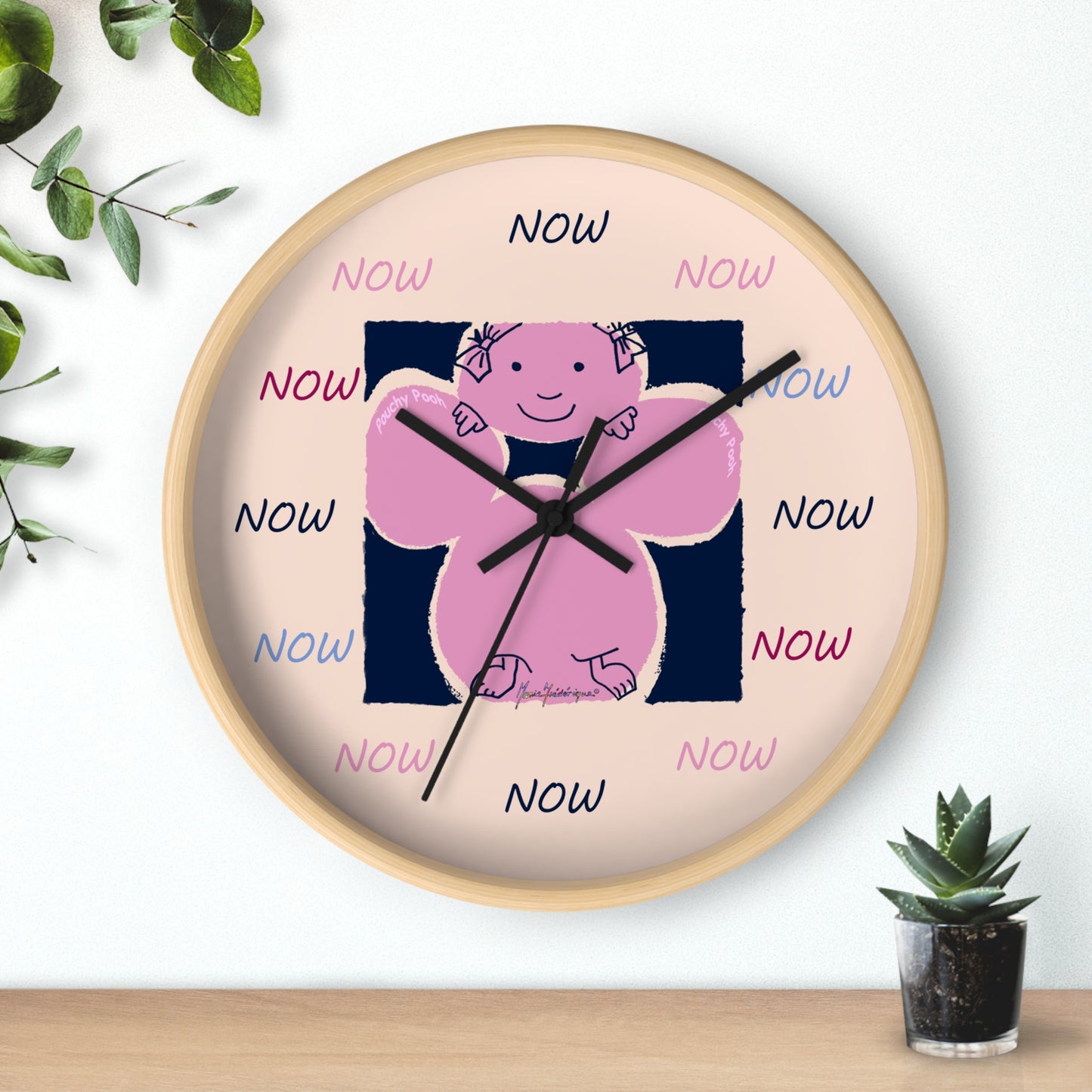 NOW - Wall Clock Pouchy Pooh (Pronounced Puchi Poo) in pink and navy by Artist Maria Frederique