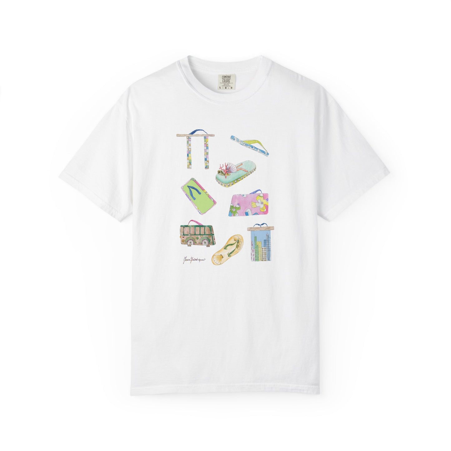 Summer Vacation Icons T-Shirt — Tropical Flip-Flops Tee by artist Marie Frederiquw