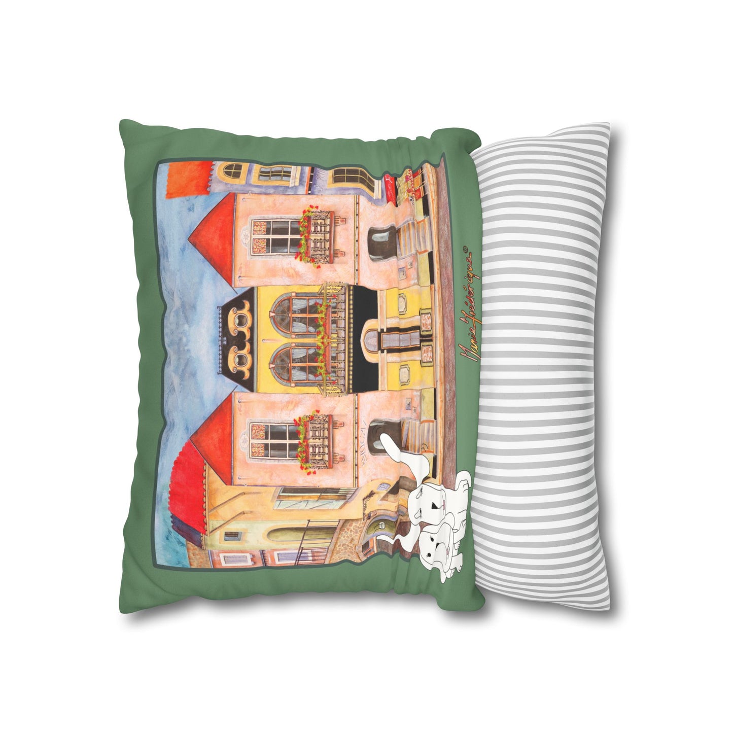 Whimsical Town & Dogs Faux Suede Pillow cover — Chefetteville, Decorative Square Throw Pillow Cover by artist Marie Frederique