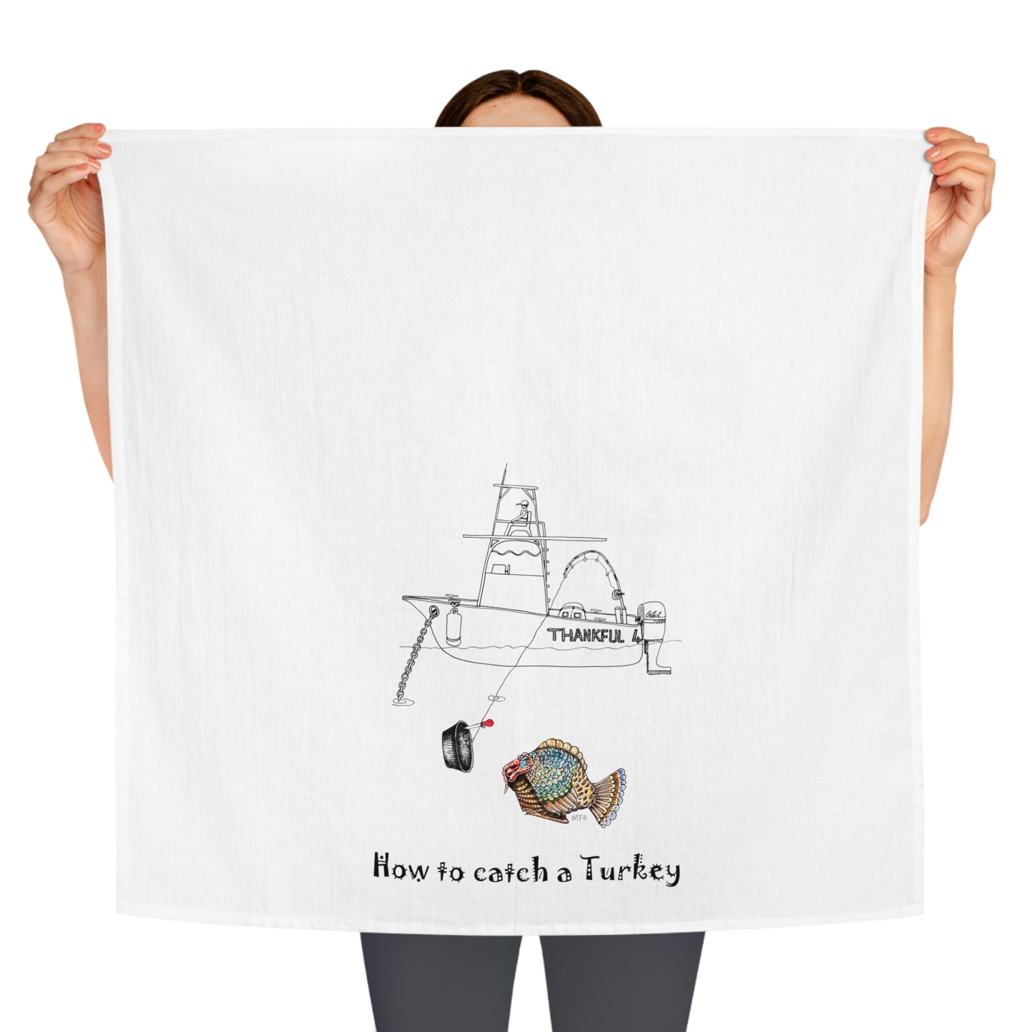 Holiday Tea Towel/Kitchen towel, Festive Season Turkey Fishing Design by artist Marie Frederique