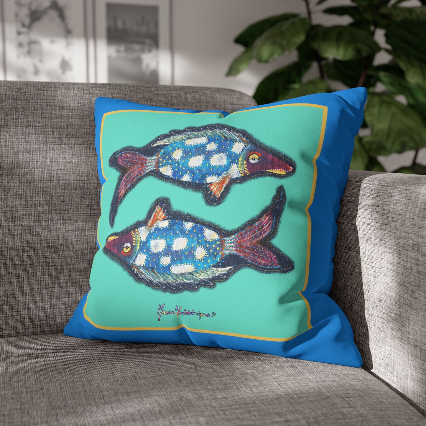 Pisces Fish Faux Suede Pillowcase — Blue Twin Fish Decorative Throw Pillow Cover by artist Marie Frederique