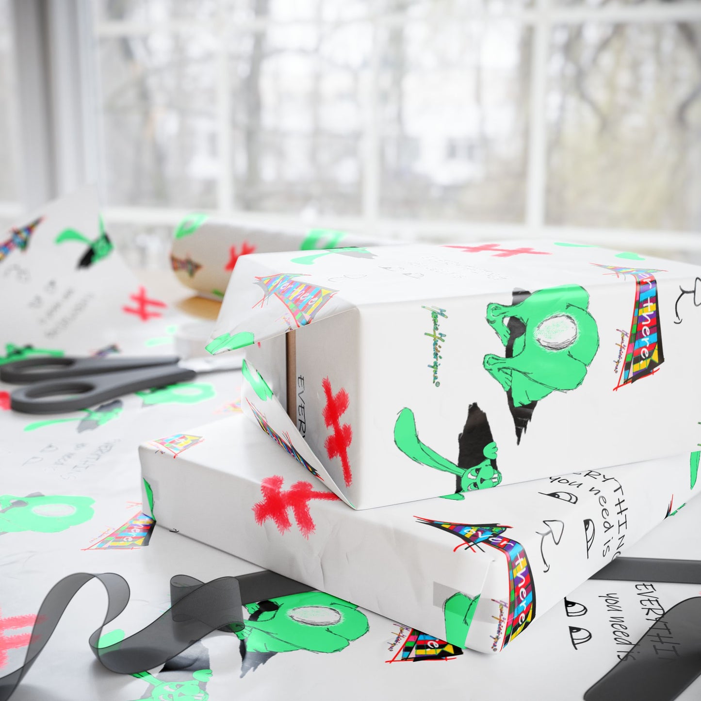 Wrapping Paper - Down the Rabbit hole Pattern with 'Everything You Need Is over there' Text by artist Marie Frederique