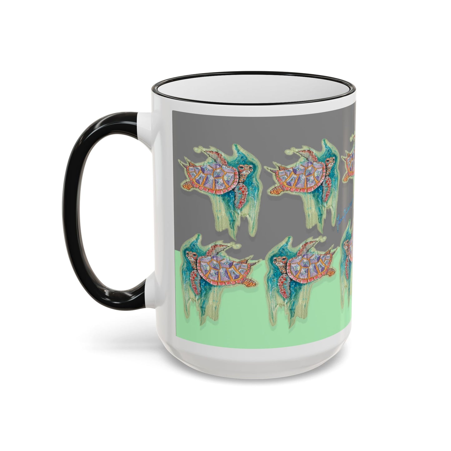 Turtle Mug — Artful Ocean Ceramic Accent Rim & Handle (11oz/15oz) by artist Marie Frederique