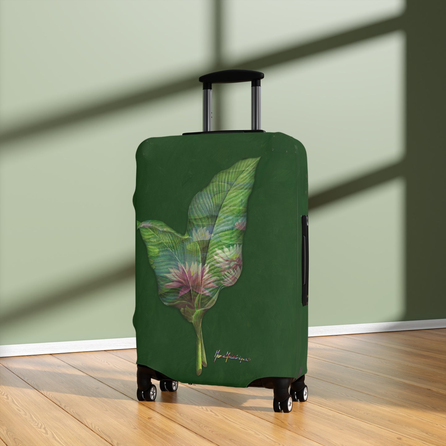 Luggage Cover, Pink Lotus flower and leaves on green By Artist Marie Frederique