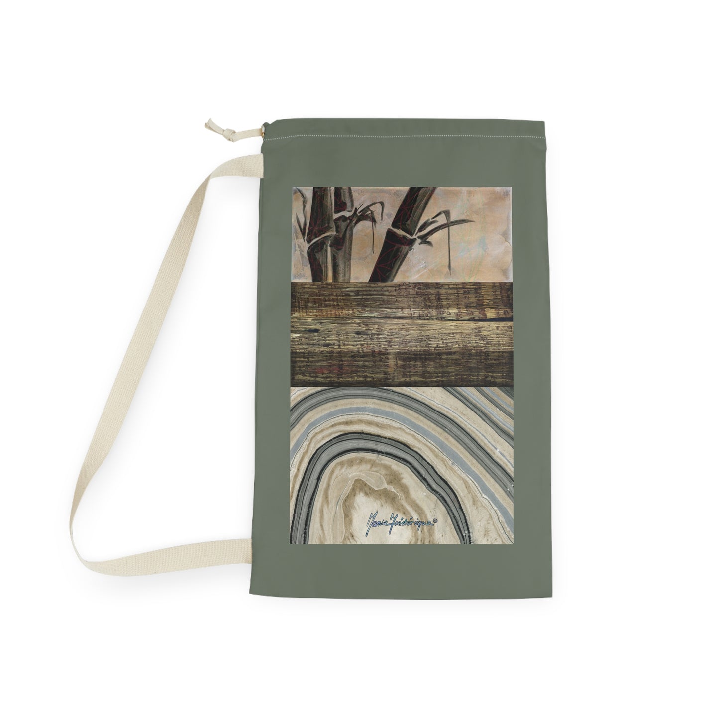 Elegant Designer Laundry Bag - Rustic Bamboo & Agate Print Drawstring Hamper by artist Marie Frederique