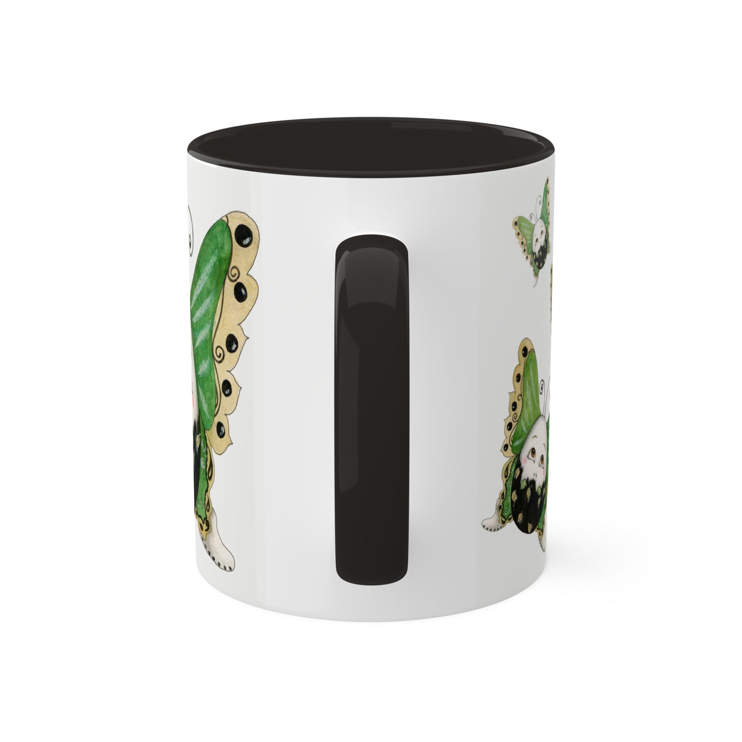 Whimsical Egg Butterfly 2 "Fly, baby fly", Colorful Mugs in black, red and green, 11oz by Artist Marie Frederique