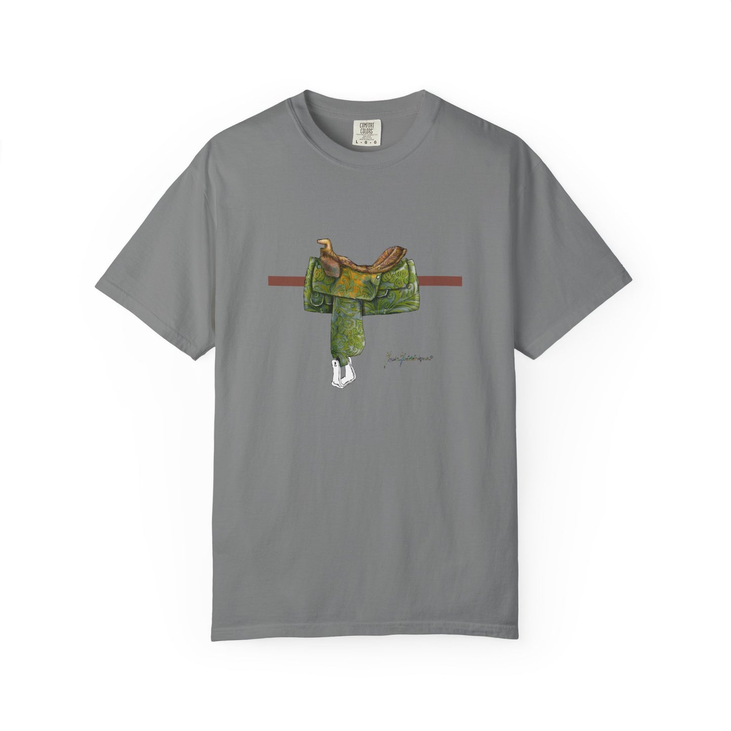 Western Saddle & Scarf Graphic T-Shirt — Rustic Western Equestrian Tee by artist Marie Frederique