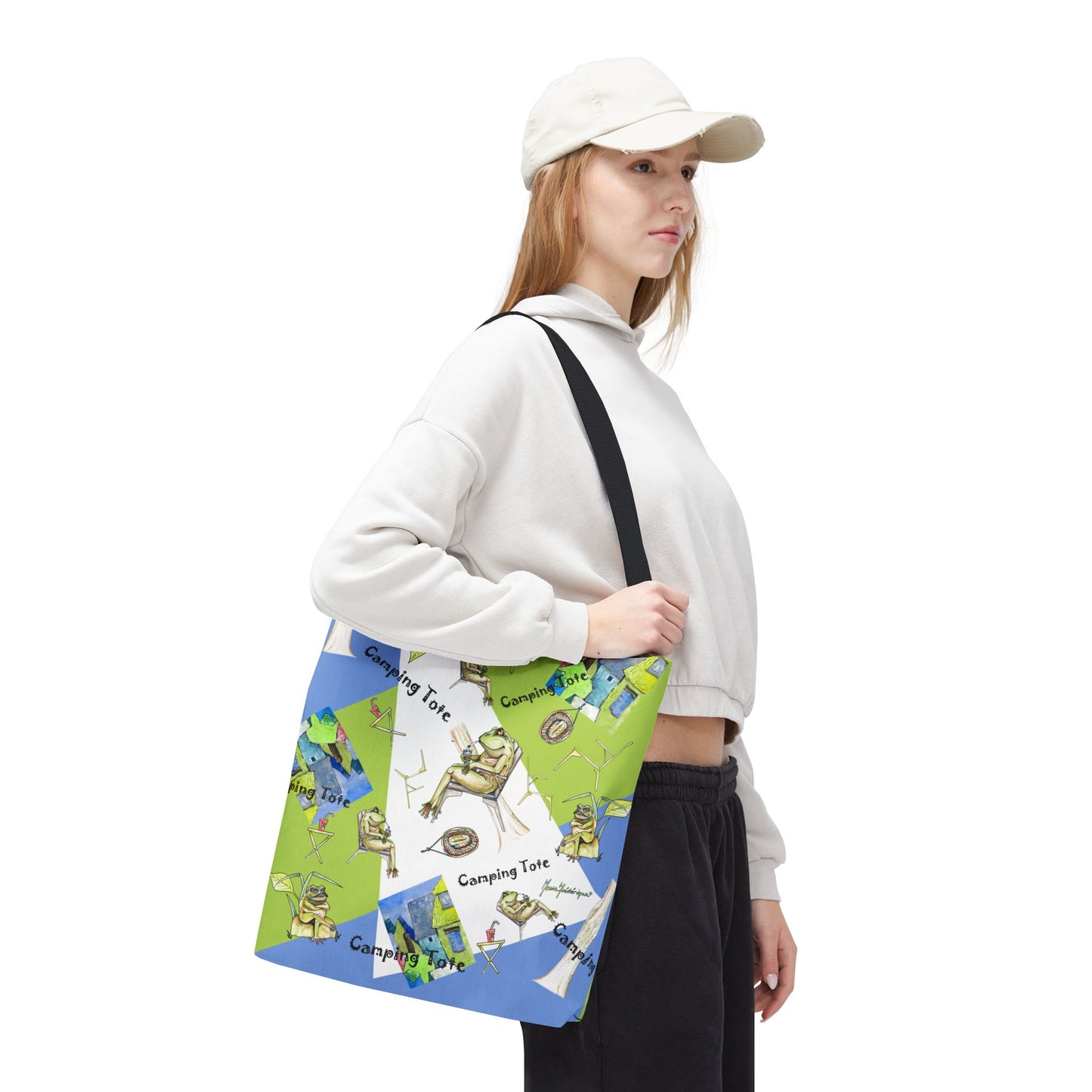 Camp Frog Adventure Tote Bag by artist Marie Frederique