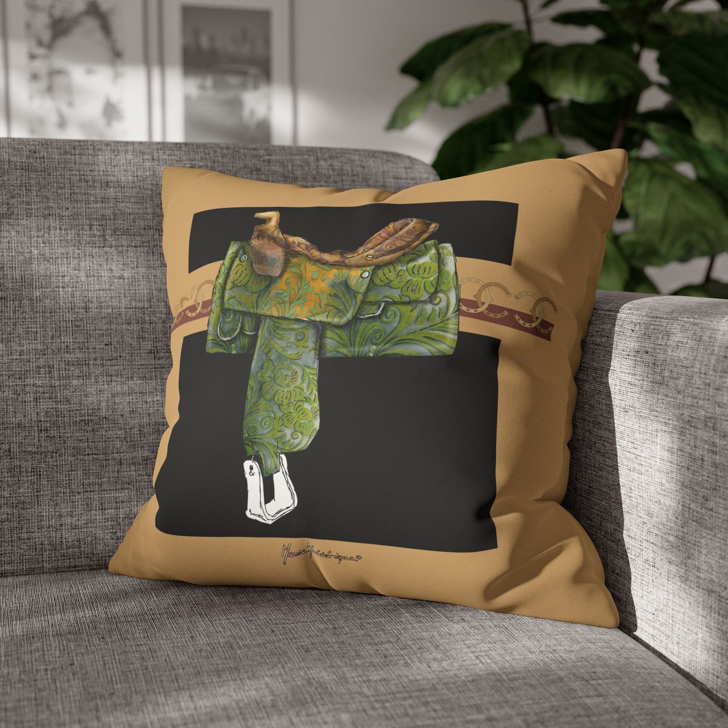 Cowboy Saddle Faux Suede Pillowcase — Western Decor Accent by artist Marie Frederique