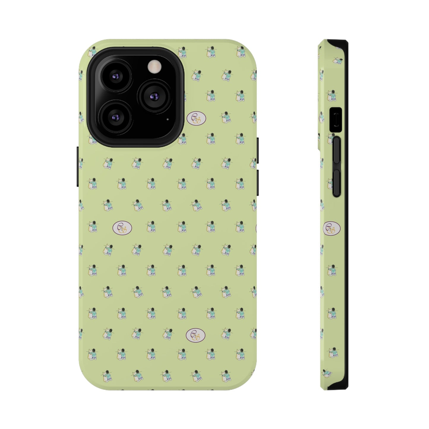 CTS Light Green - repeat pattern boy and dog, Impact-Resistant Phone Cases by artist Marie Frederique